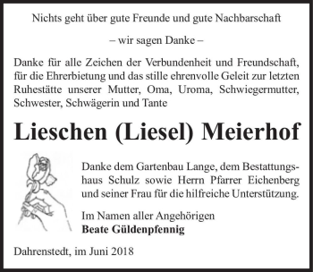 Traueranzeige von Lieschen (Liesel) Meierhof  von Magdeburger Volksstimme