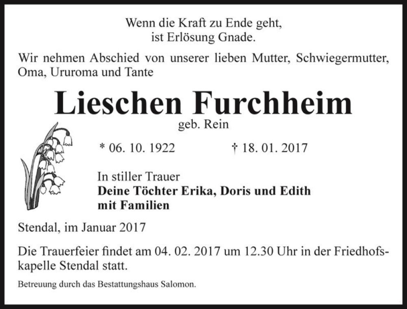  Traueranzeige für Lieschen Furchheim (geb. Rein)  vom 28.01.2017 aus Magdeburger Volksstimme