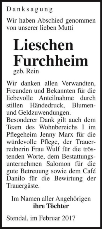 Traueranzeige von Lieschen Furchheim (geb. Rein)  von Magdeburger Volksstimme