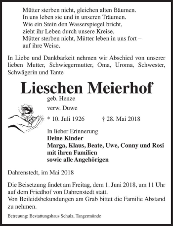 Traueranzeige von Lieschen Meierhof (geb. Henze, verw. Duwe)  von Magdeburger Volksstimme