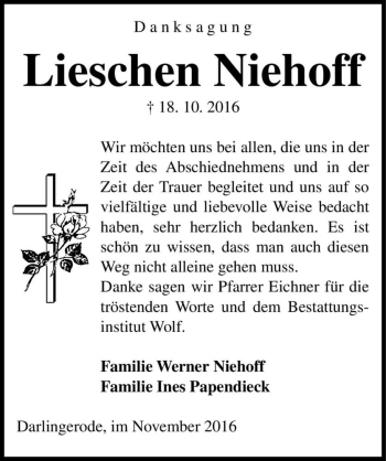 Traueranzeige von Lieschen Niehoff  von Magdeburger Volksstimme