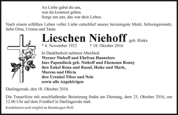 Traueranzeige von Lieschen Niehoff (geb. Rinke)  von Magdeburger Volksstimme