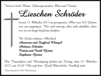 Traueranzeige von Lieschen Schröder  von Magdeburger Volksstimme