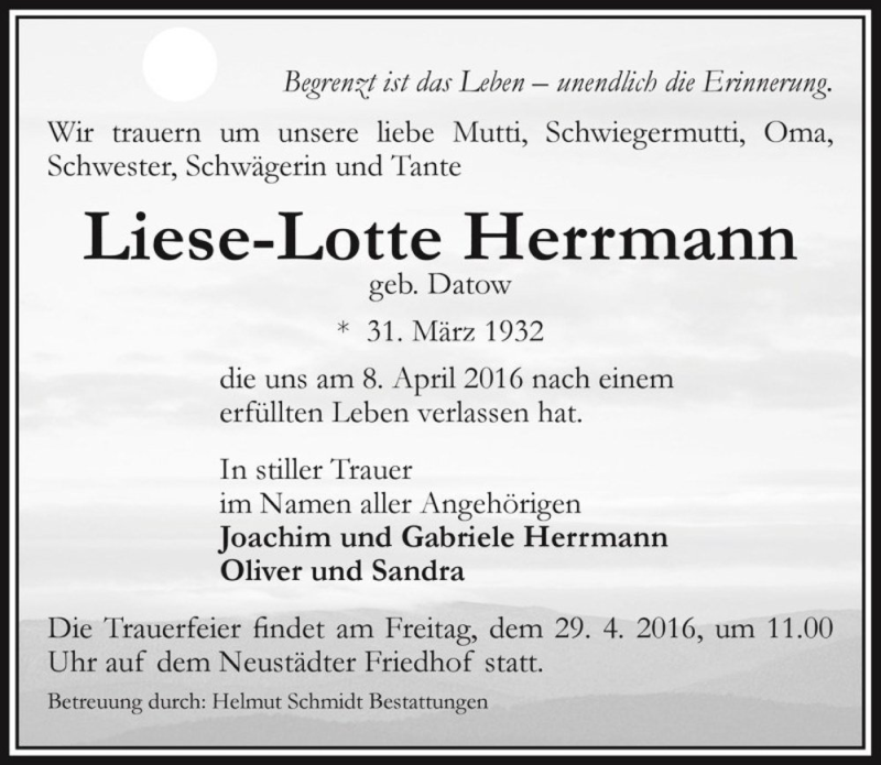  Traueranzeige für Liese-Lotte Herrmann (geb. Datow)  vom 15.04.2016 aus Magdeburger Volksstimme
