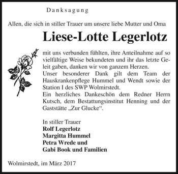 Traueranzeige von Liese-Lotte Legerlotz  von Magdeburger Volksstimme