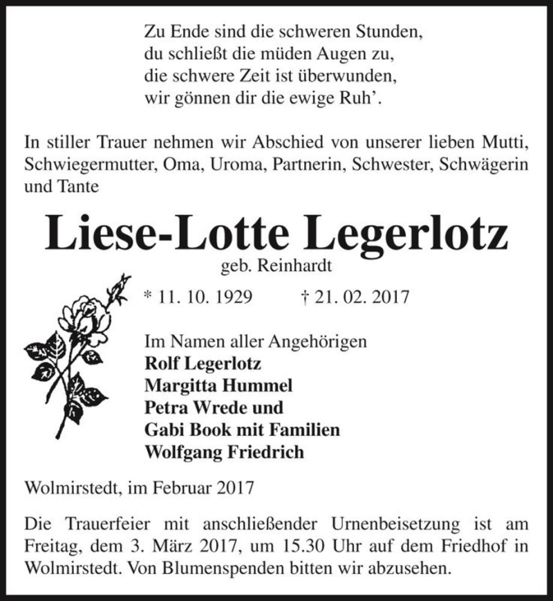  Traueranzeige für Liese-Lotte Legerlotz (geb. Reinhardt)  vom 25.02.2017 aus Magdeburger Volksstimme