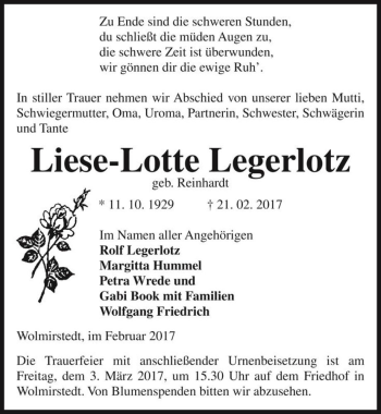 Traueranzeige von Liese-Lotte Legerlotz (geb. Reinhardt)  von Magdeburger Volksstimme