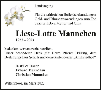 Traueranzeige von Liese-Lotte Mannchen  von Magdeburger Volksstimme