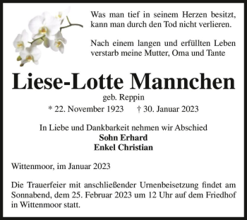 Traueranzeige von Liese-Lotte Mannchen (geb. Reppin)  von Magdeburger Volksstimme