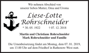 Traueranzeige von Liese-Lotte Rohrschneider  von Magdeburger Volksstimme