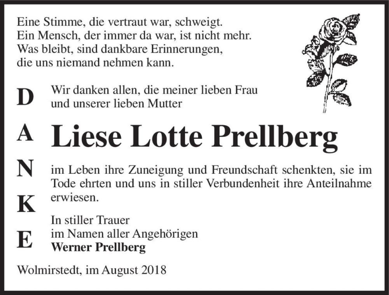  Traueranzeige für Liese Lotte Prellberg  vom 11.08.2018 aus Magdeburger Volksstimme