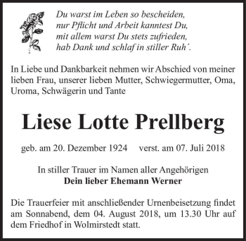 Traueranzeige von Liese Lotte Prellberg  von Magdeburger Volksstimme