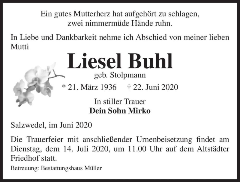  Traueranzeige für Liesel Buhl (geb. Stolpmann)  vom 25.06.2020 aus Magdeburger Volksstimme