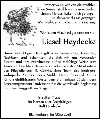 Traueranzeige von Liesel Heydecke  von Magdeburger Volksstimme
