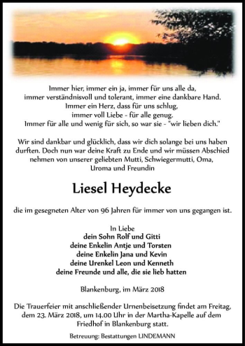 Traueranzeige von Liesel Heydecke  von Magdeburger Volksstimme