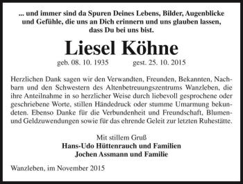 Traueranzeige von Liesel Köhne  von Magdeburger Volksstimme