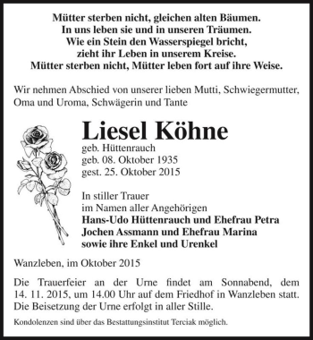 Traueranzeige von Liesel Köhne (geb. Hüttenrauch)  von Magdeburger Volksstimme