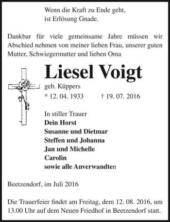 Traueranzeige von Liesel Voigt (geb. Küppers)  von Magdeburger Volksstimme