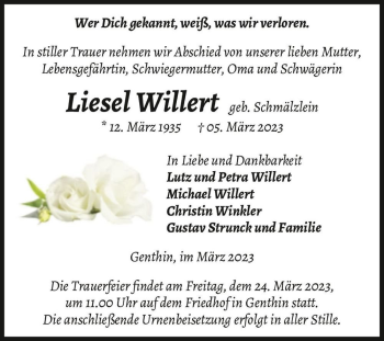 Traueranzeige von Liesel Willert (geb. Schmälzlein)  von Magdeburger Volksstimme