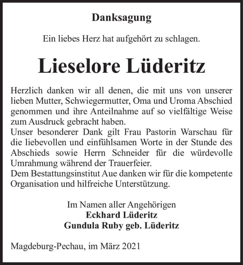 Traueranzeige für Lieselore Lüderitz  vom 27.03.2021 aus Magdeburger Volksstimme