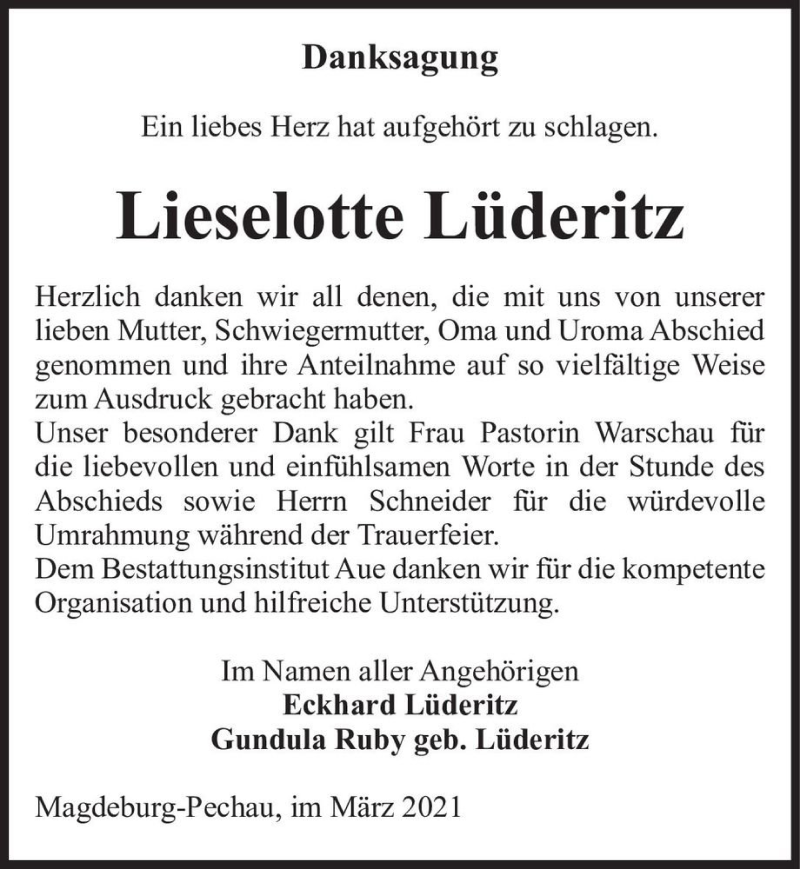  Traueranzeige für Lieselore Lüderitz  vom 20.03.2021 aus Magdeburger Volksstimme