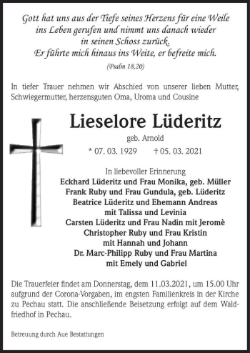 Traueranzeige von Lieselore Lüderitz (geb. Arnold)  von Magdeburger Volksstimme