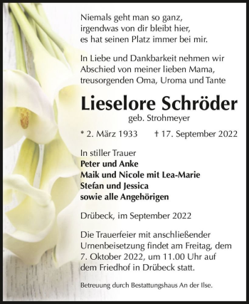 Traueranzeige von Lieselore Schröder (geb. Strohmeyer)  von Magdeburger Volksstimme