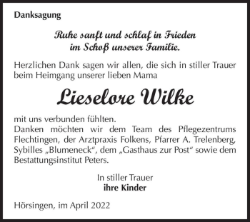 Traueranzeige von Lieselore Wilke  von Magdeburger Volksstimme