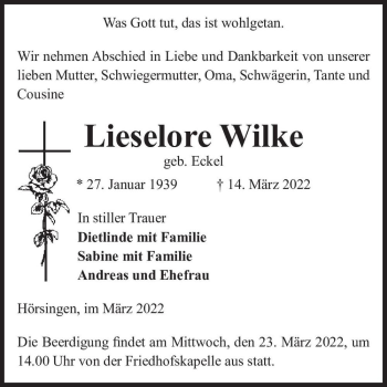 Traueranzeige von Lieselore Wilke (geb. Eckel)  von Magdeburger Volksstimme