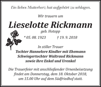 Traueranzeige von Lieselote Rickmann (geb. Hotopp)  von Magdeburger Volksstimme