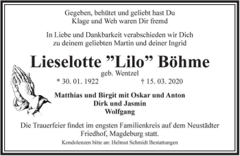 Traueranzeige von Lieselotte 