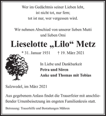 Traueranzeige von Lieselotte 