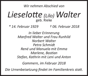 Traueranzeige von Lieselotte (Lilo) Walter (geb. Rieke)  von Magdeburger Volksstimme