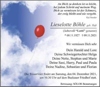 Traueranzeige von Lieselotte 