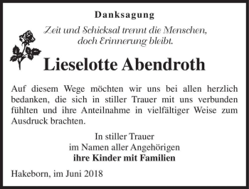 Traueranzeige von Lieselotte Abendroth  von Magdeburger Volksstimme