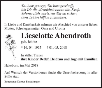 Traueranzeige von Lieselotte Abendroth (geb. Jerke)  von Magdeburger Volksstimme