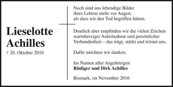 Traueranzeige von Lieselotte Achilles  von Magdeburger Volksstimme