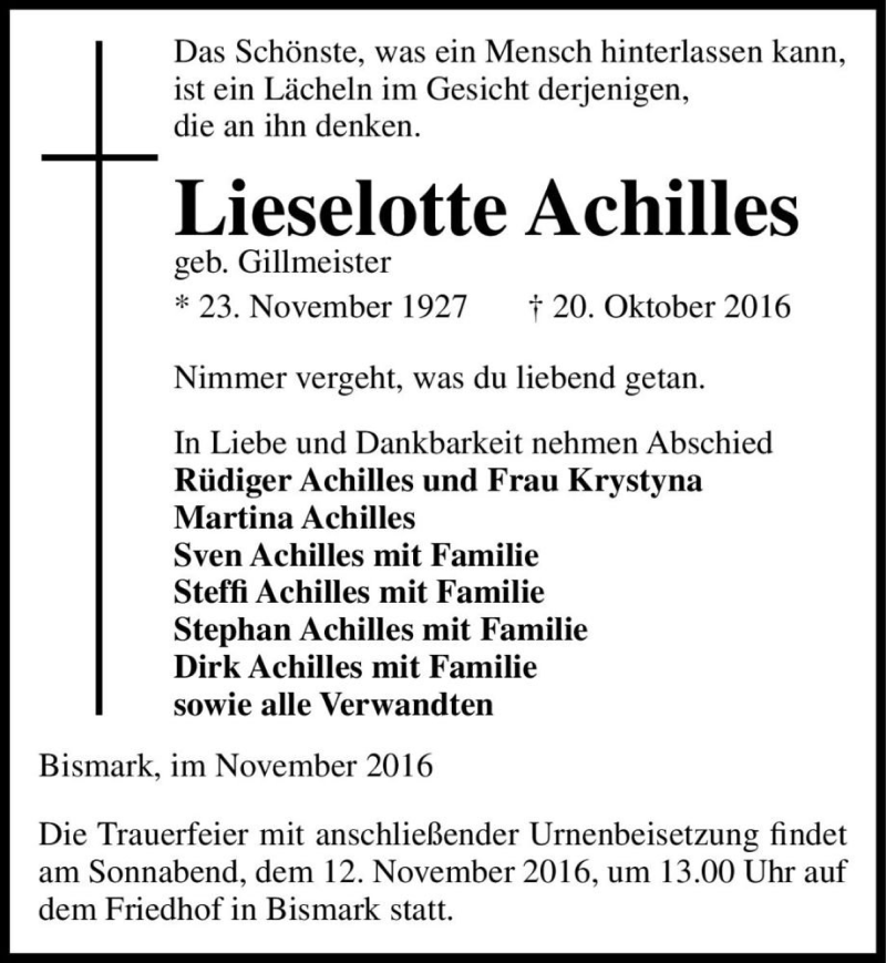  Traueranzeige für Lieselotte Achilles (geb. Gillmeister)  vom 05.11.2016 aus Magdeburger Volksstimme