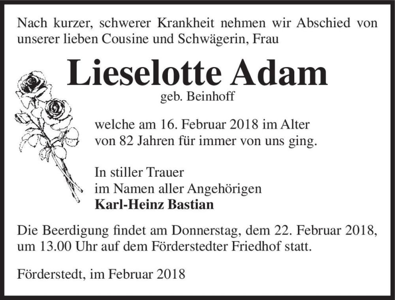  Traueranzeige für Lieselotte Adam (geb. Beinhoff)  vom 19.02.2018 aus Magdeburger Volksstimme