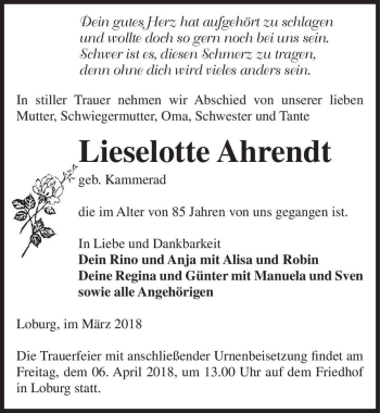 Traueranzeige von Lieselotte Ahrendt (geb. Kammerad)  von Magdeburger Volksstimme