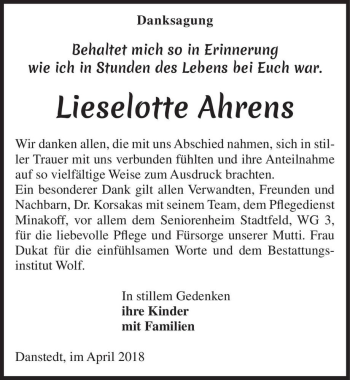 Traueranzeige von Lieselotte Ahrens  von Magdeburger Volksstimme