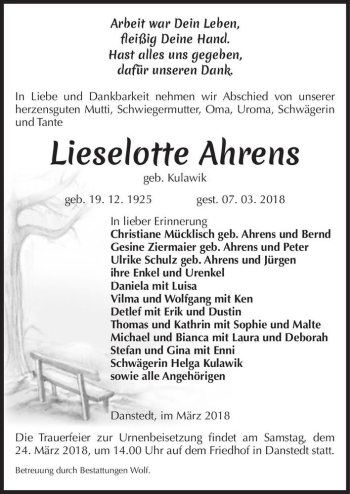 Traueranzeige von Lieselotte Ahrens (geb. Kulawik)  von Magdeburger Volksstimme