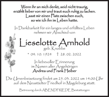 Traueranzeige von Lieselotte Arnhold (geb. Knobbe)  von Magdeburger Volksstimme