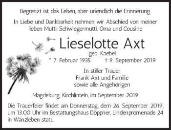 Traueranzeige von Lieselotte Axt (geb. Kaebel)  von Magdeburger Volksstimme