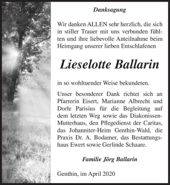 Traueranzeige von Lieselotte Ballarin  von Magdeburger Volksstimme