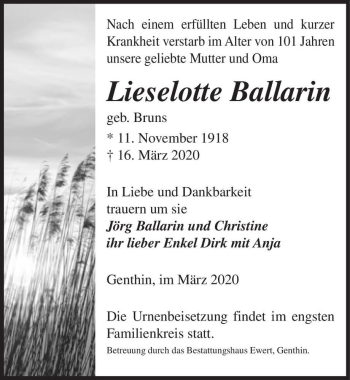 Traueranzeige von Lieselotte Ballerin (geb. Bruns)  von Magdeburger Volksstimme