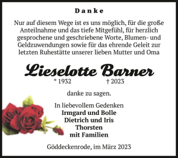Traueranzeige von Lieselotte Barner  von Magdeburger Volksstimme