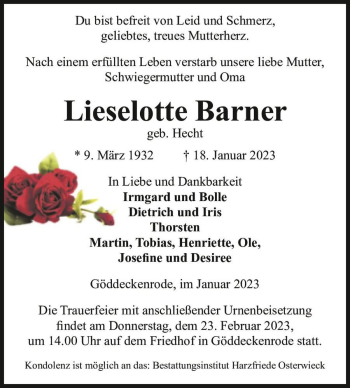 Traueranzeige von Lieselotte Barner (geb. Hecht)  von Magdeburger Volksstimme