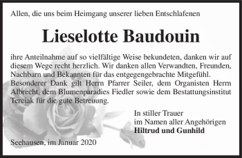 Traueranzeige von Lieselotte Baudouin  von Magdeburger Volksstimme