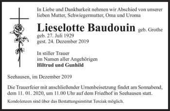 Traueranzeige von Lieselotte Baudouin (geb. Grothe)  von Magdeburger Volksstimme